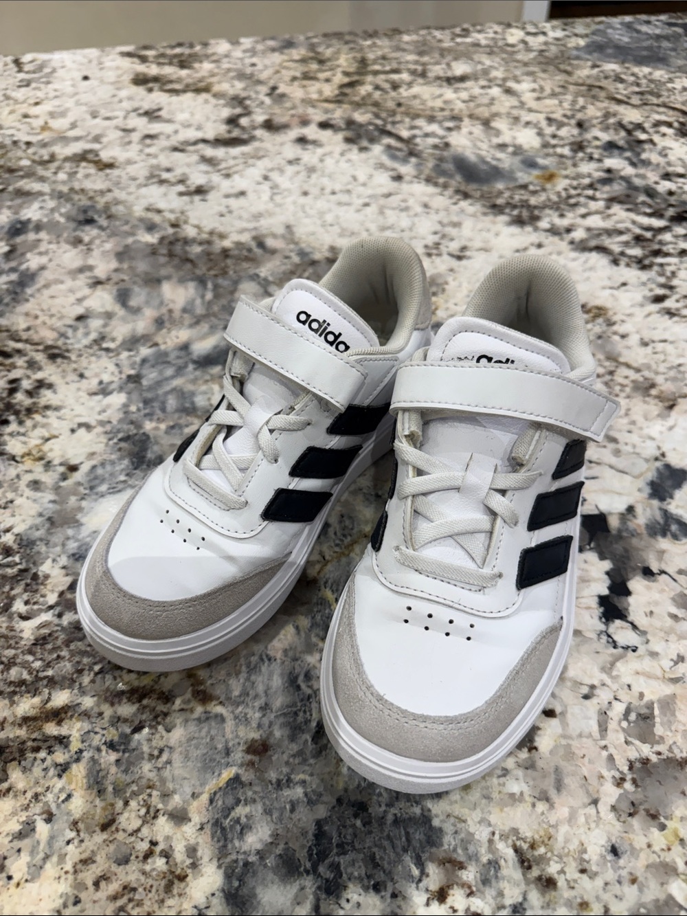 adidas Kids White Sneakers with Black Stripes and Gray Suede Trim